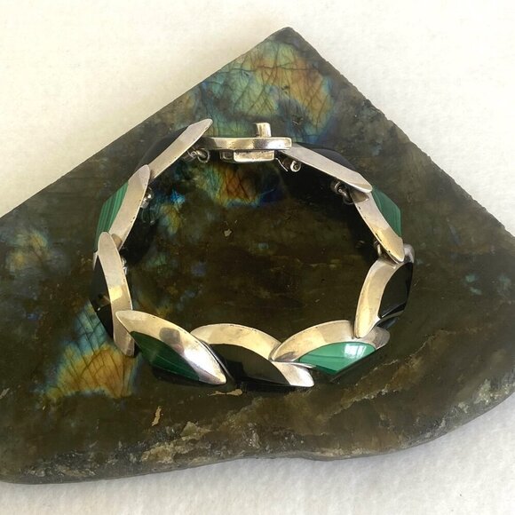 VTG 950 Silver Heavy Taxco Mexico Modernist Style Malachite Onyx Link Bracelet - Picture 12 of 16